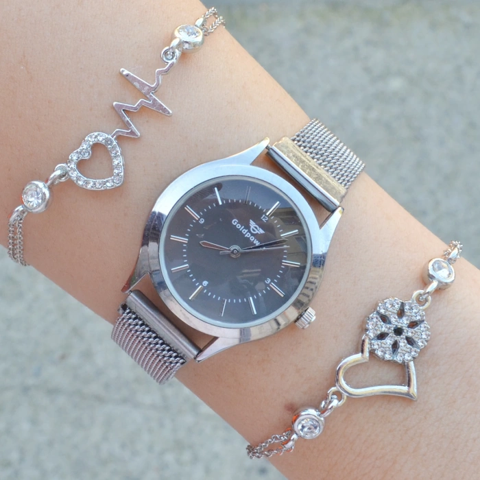 Silver Hasır Mıknatıslı Kordon Kadın Saat Kombini 3410