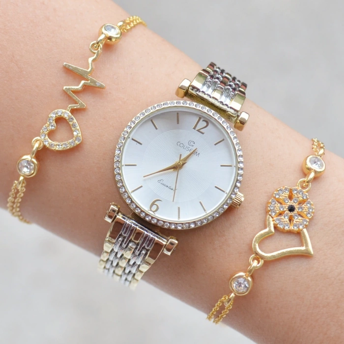 Silver Gold Metal Kordon Kadın Saat Kombini 1308