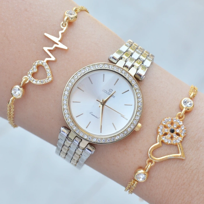 Silver Gold Metal Kordon Kadın Saat Kombini 1314