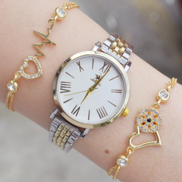 Silver Gold Metal Kordon Kadın Saat Kombini 2172