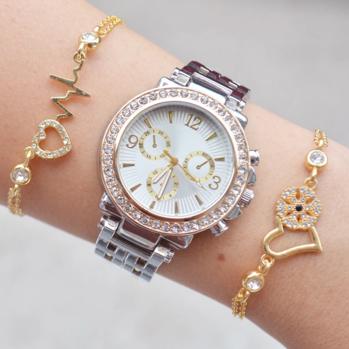 Silver Gold Metal Kordon Kadın Saat Kombini 3245