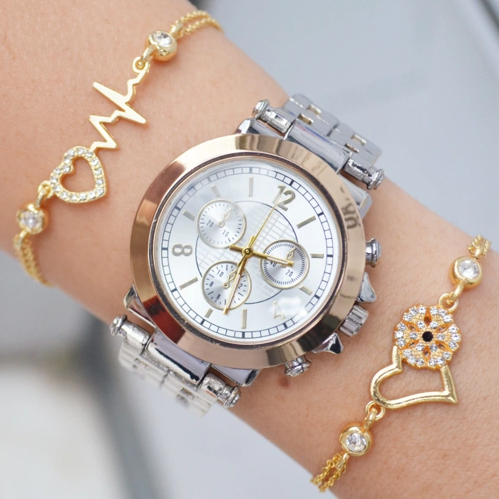 Silver Gold Metal Kordon Kadın Saat Kombini 3467