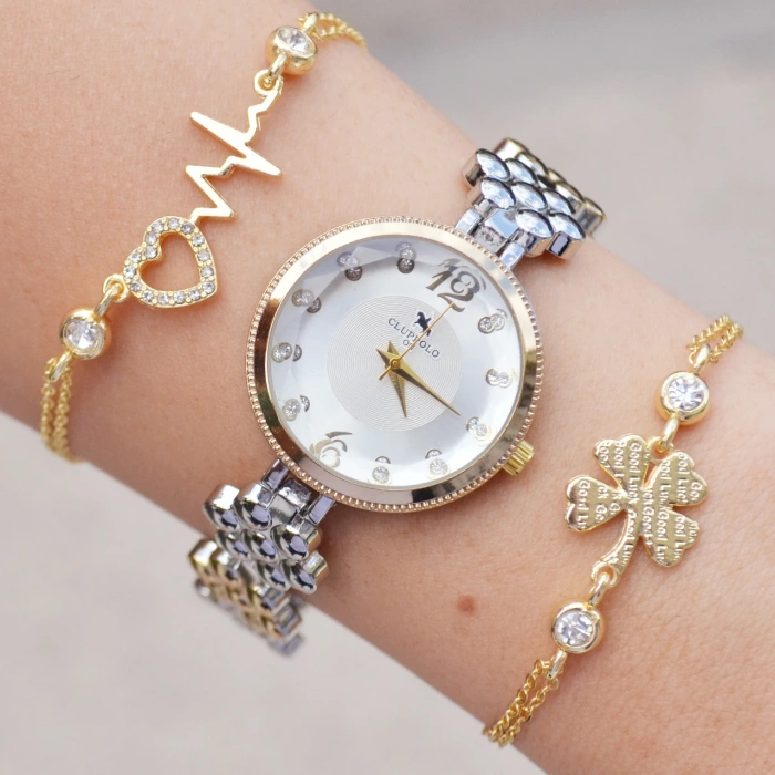 Silver Gold Metal Kordon Kadın Saat Kombini 3468