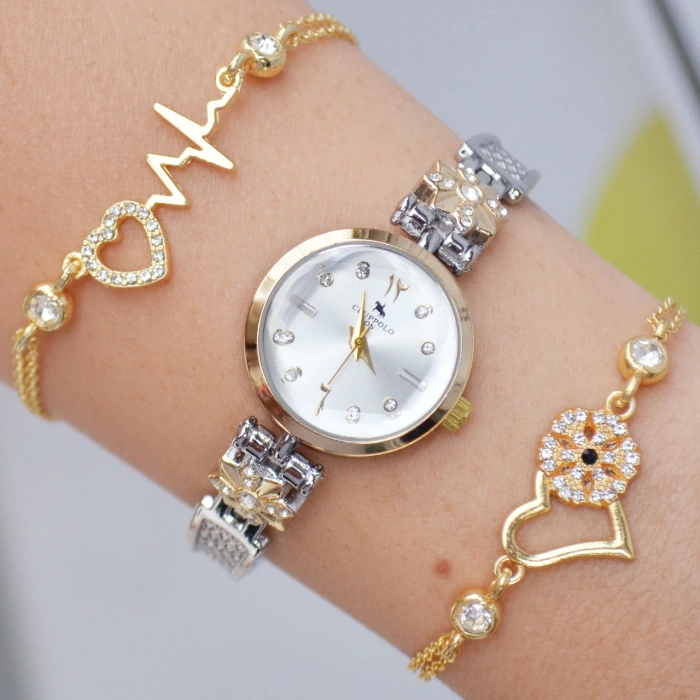 Silver Gold Metal Kordon Kadın Saat Kombini 3469