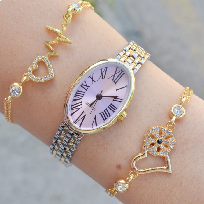 Silver Gold Metal Kordon Kadın Saat Kombini 3614