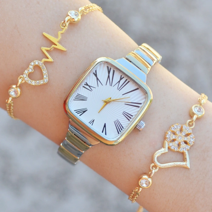 Silver Gold Metal Kordon Kadın Saat Kombini 1030