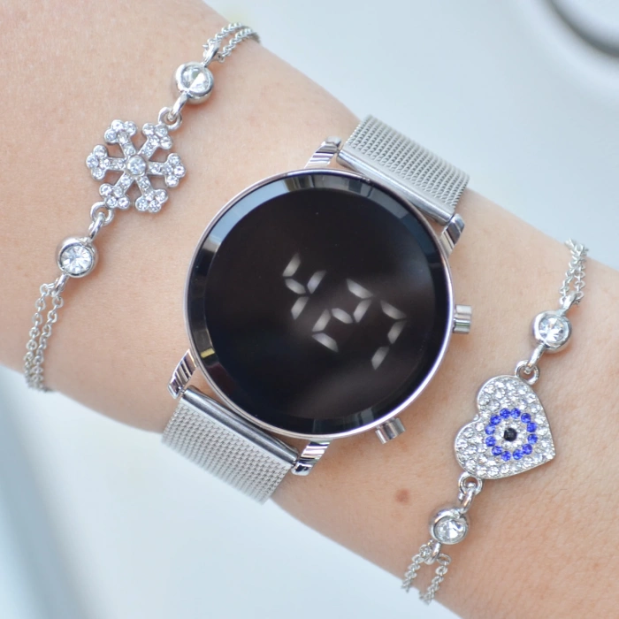 Silver Hasır Kordon Dijital Kadın Saat Kombini 3482