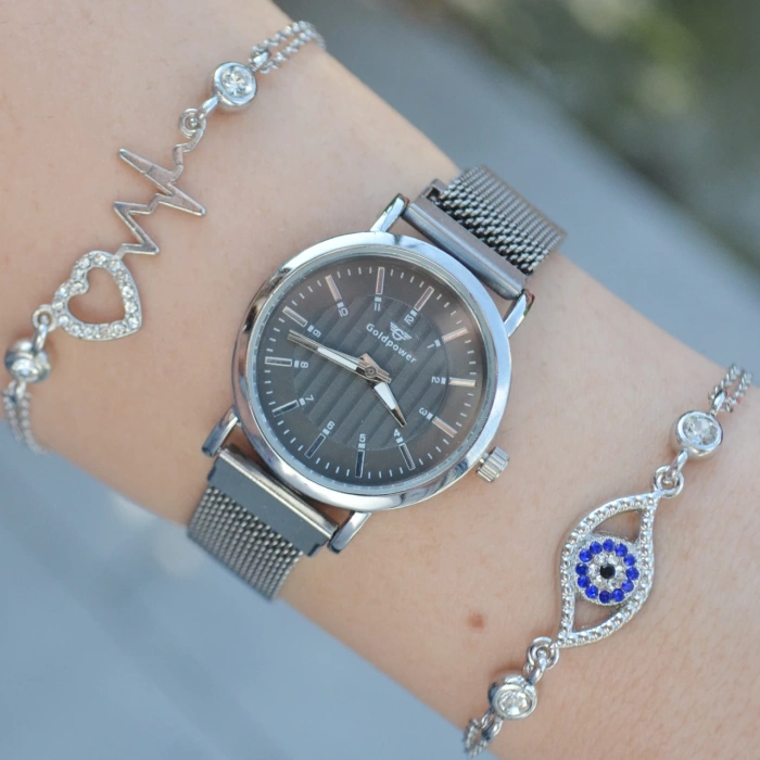 Silver Hasır Mıknatıslı Kordon Kadın Saat Kombini 3160