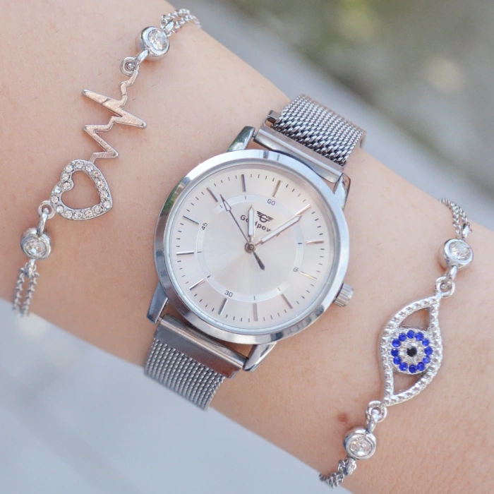 Silver Hasır Mıknatıslı Kordon Kadın Saat Kombini 3172