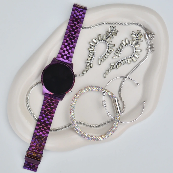 Silver Kolye Küpe Bileklik Saat Seti 3679