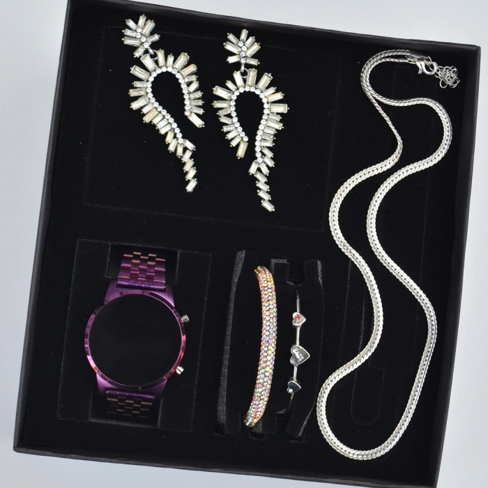Silver Kolye Küpe Bileklik Saat Seti 3679