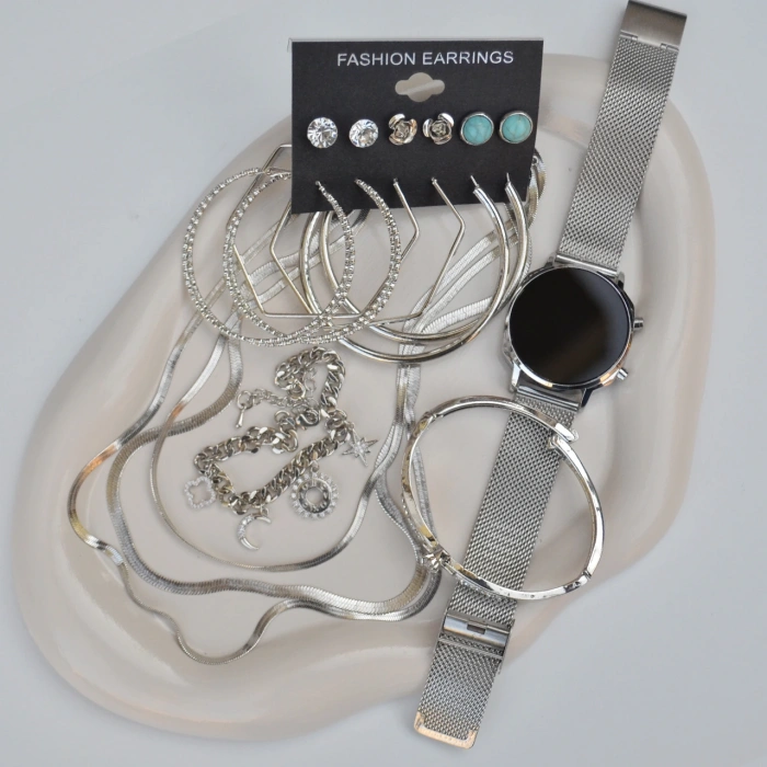 Silver Kolye Küpe Bileklik Saat Seti 3680