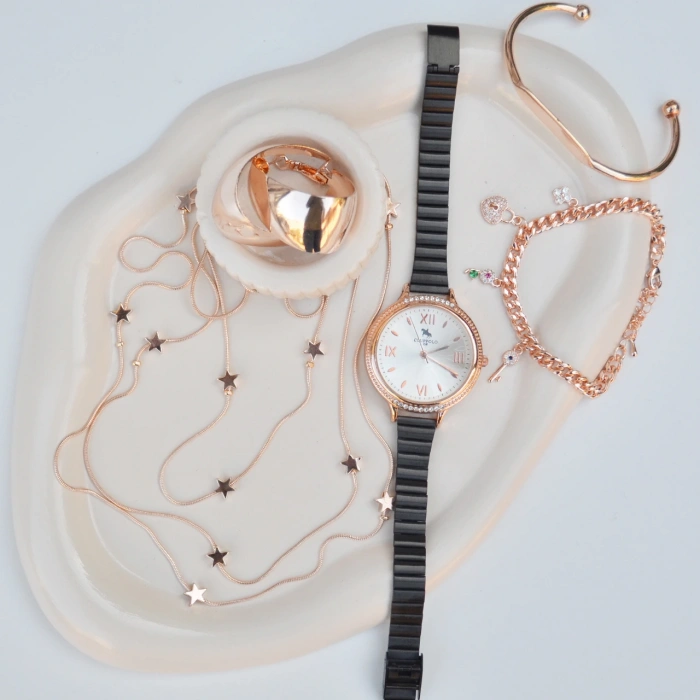 Rosegold Kolye Küpe Bileklik Saat Seti 3681