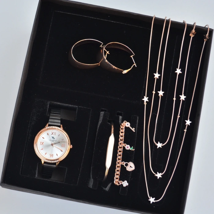 Rosegold Kolye Küpe Bileklik Saat Seti 3681