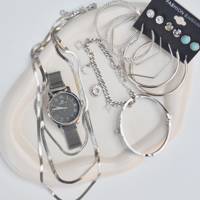 Silver Kolye Küpe Bileklik Saat Seti 3682