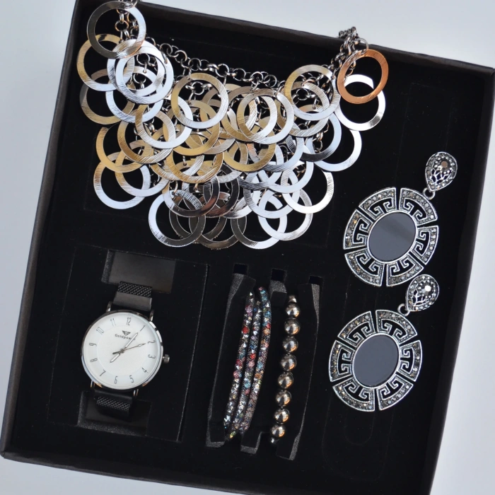 Antrasit Kolye Küpe Bileklik Saat Seti 3683