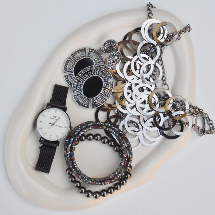 Antrasit Kolye Küpe Bileklik Saat Seti 3683