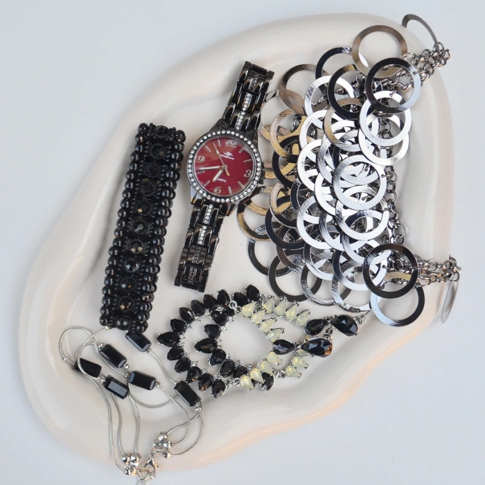 Antrasit Kolye Küpe Bileklik Saat Seti 3684