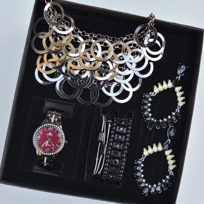 Antrasit Kolye Küpe Bileklik Saat Seti 3684