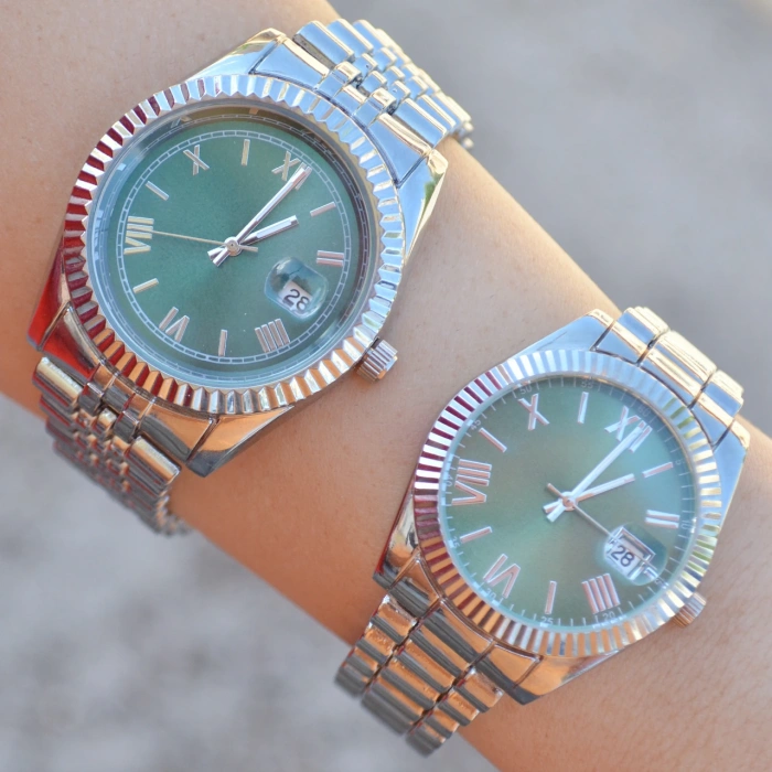 Silver Metal Kordon Çift Saat Kombini 3661