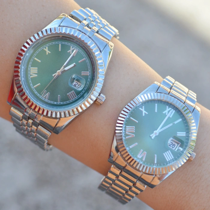 Silver Metal Kordon Çift Saat Kombini 3661