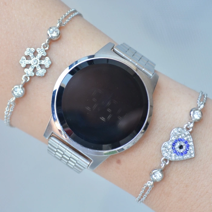 Silver Metal Kordon Dokunmatik Dijital Kadın Saat Kombini 9714