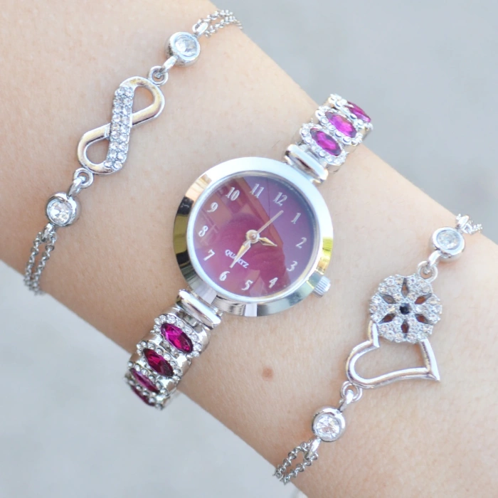 Silver Taşlı Metal Kordon Kadın Saat Kombini 3745