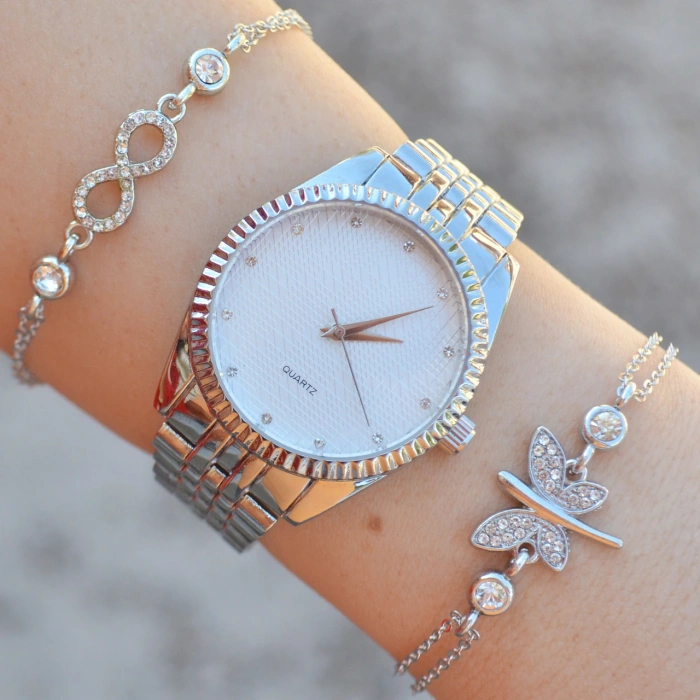 Silver Metal Kordon Kadın Saat Kombini 9285