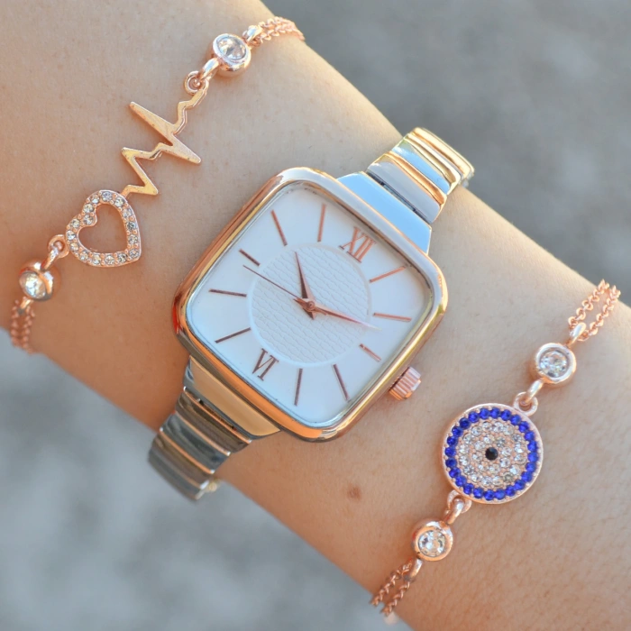 Silver Rose Metal Kordon Kadın Saat Kombini 1025