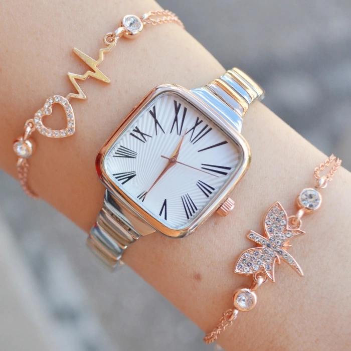 Silver Rose Metal Kordon Kadın Saat Kombini 1031