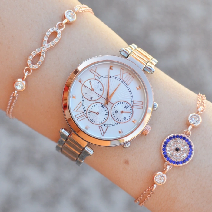 Silver-Rose Metal Kordon Kadın Saat Kombini 1086