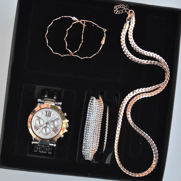 Silver Rose Metal Kordon Küpe Kolye Bileklik Seti 3669