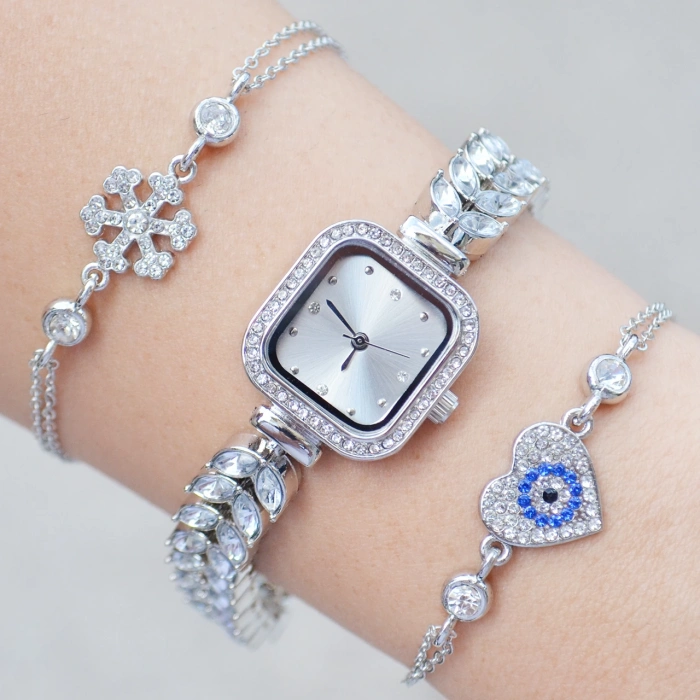 Silver Taşlı Metal Kordon Kadın Saat Kombini 3555