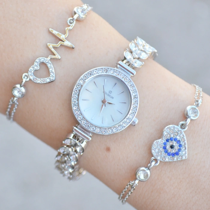 Silver Taşlı Metal Kordon Kadın Saat Kombini 3746