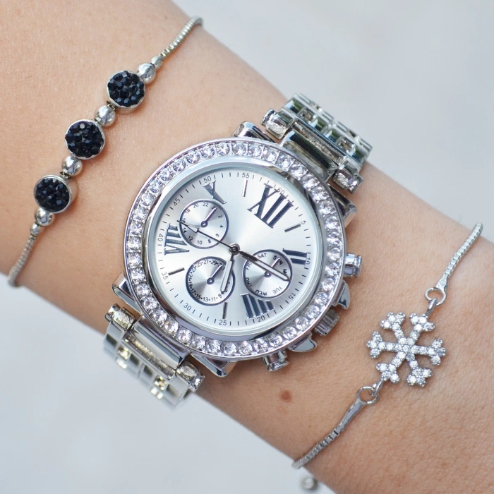 Silver Taşlı Metal Lüx Bileklikli Kordon Kadın Saat Kombini 3464