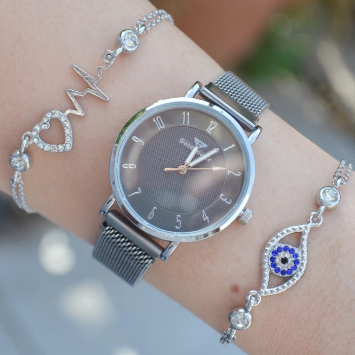 Silver Hasır Mıknatıslı Kordon Kadın Saat Kombini 3154