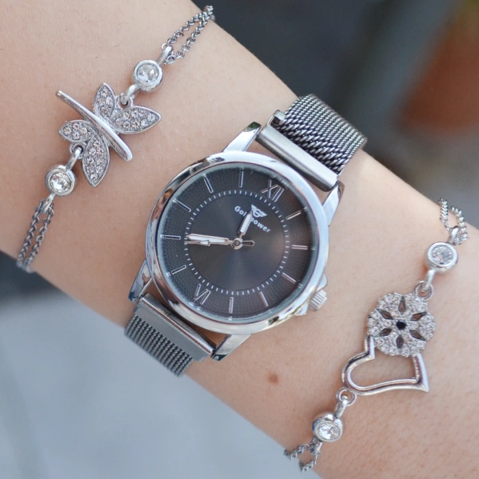 Silver Hasır Mıknatıslı Kordon Kadın Saat Kombini 3184