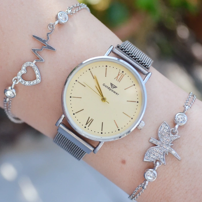 Silver Hasır Mıknatıslı Kordon Kadın Saat Kombini 3188