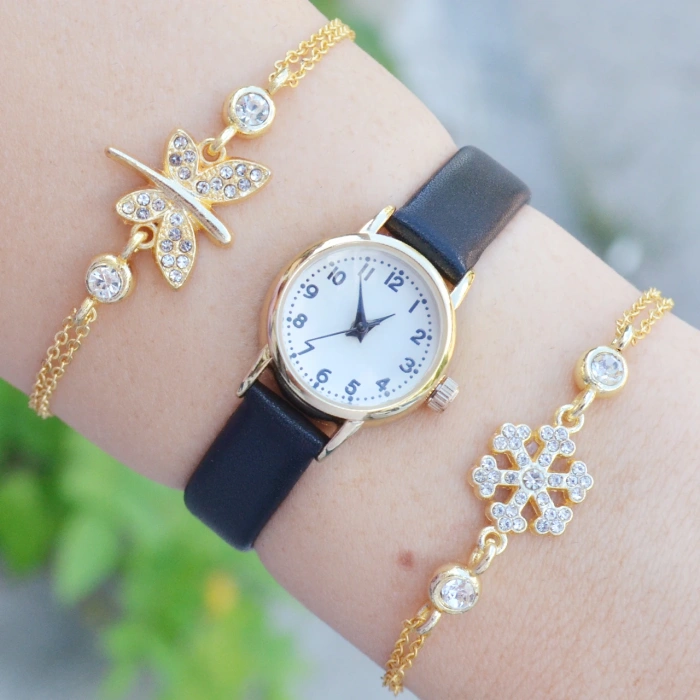 Siyah Deri Kordon Kadın Saat Kombini 3650