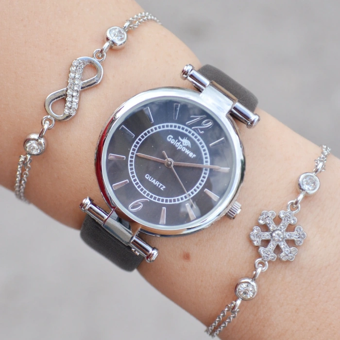 Siyah Deri Kordon Kadın Saat Kombini 9947