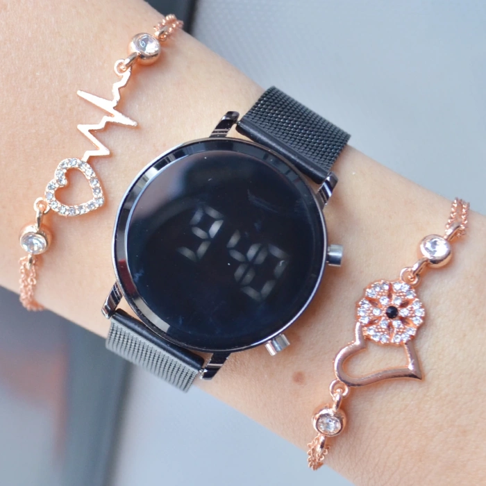 Siyah Hasır Kordon Dijital Kadın Saat Kombini 3481