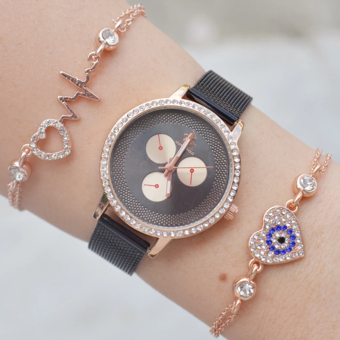 Siyah Hasır Kordon Kadın Saat Kombini 2140