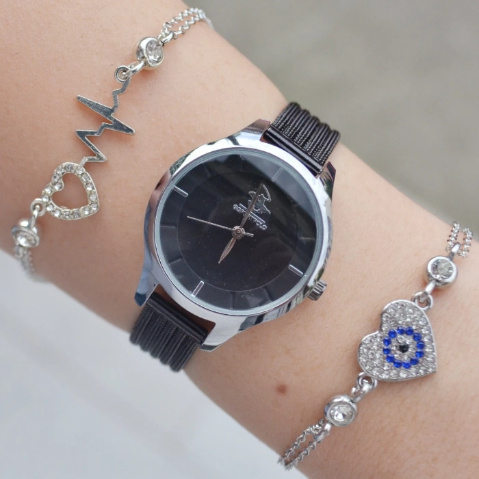 Siyah Hasır Kordon Kadın Saat Kombini 2165