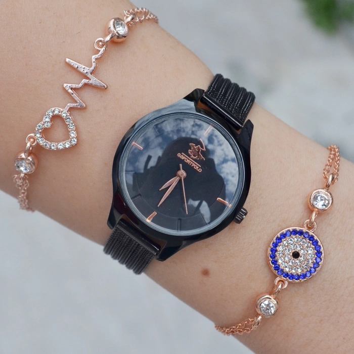 Siyah Hasır Kordon Kadın Saat Kombini 2406