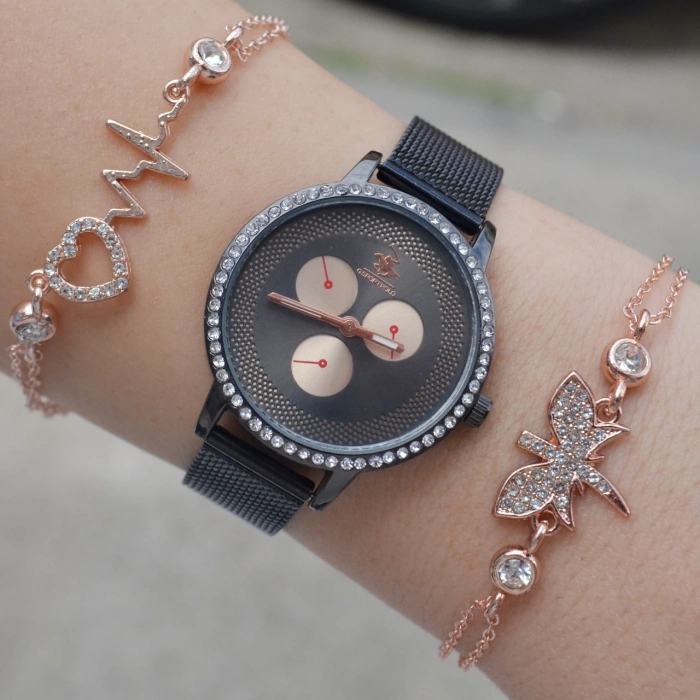 Siyah Hasır Kordon Kadın Saat Kombini 2143