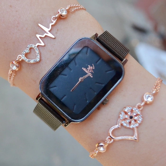 Siyah Hasır Kordon Kadın Saat Kombini 2145