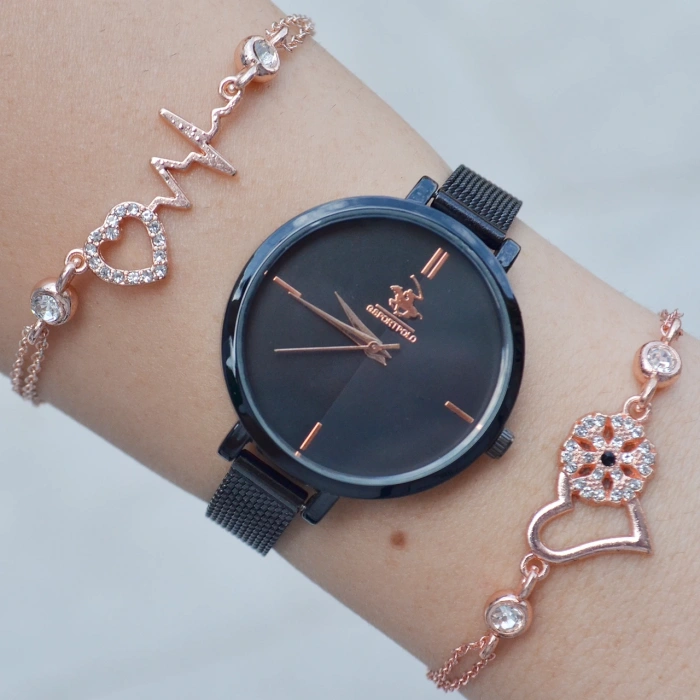 Siyah Hasır Kordon Kadın Saat Kombini 2161