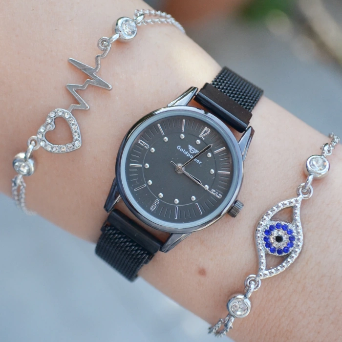 Siyah Hasır Mıknatıslı Kordon Kadın Saat Kombini 3138