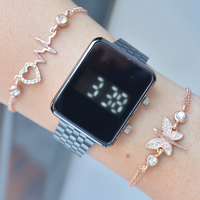 Siyah Metal Kordon Dijital Kadın Saat Kombini 1777