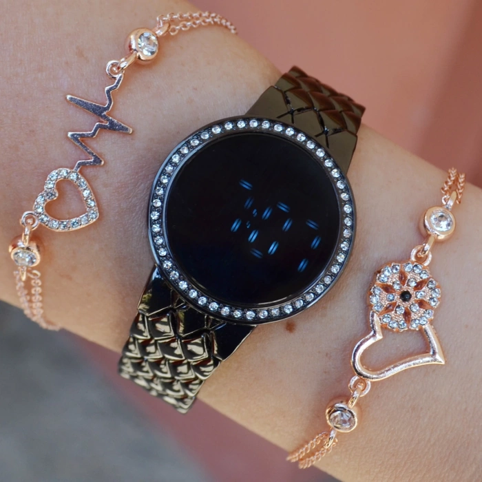 Siyah Metal Kordon Dijital Kadın Saat Kombini 2544